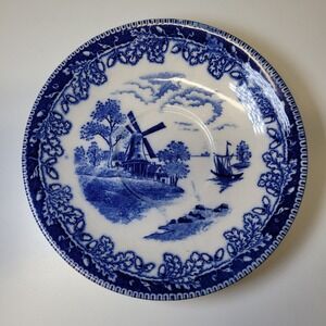 Vintage‎ Blue White Japanese Porcelain Plate Scenic Windmill Boat Scenery
